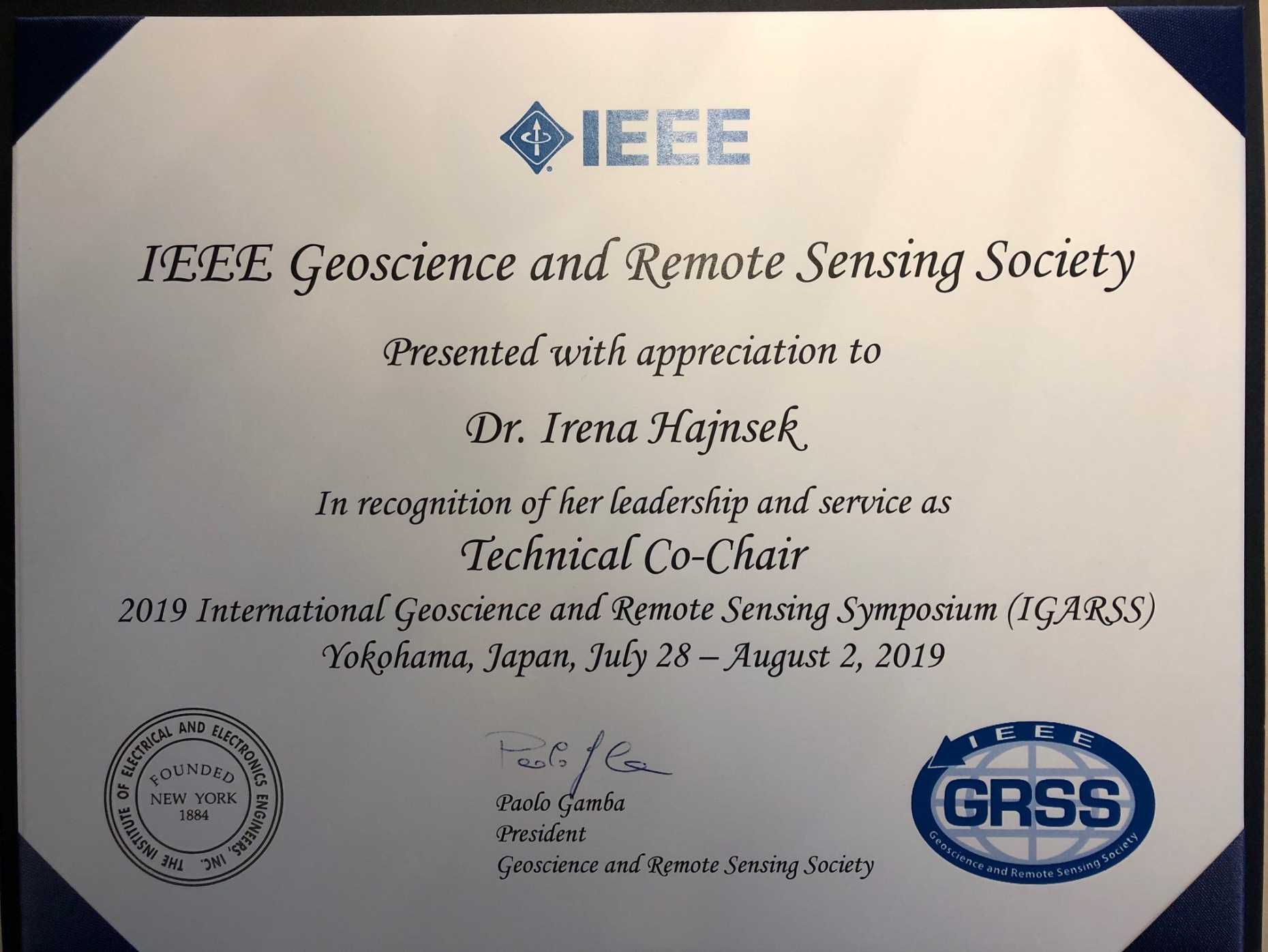 IEEE-GRSS Certificate of Appreciation to Prof. Dr. Irena Hajnsek